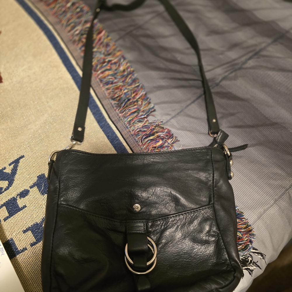 Pulicati Black Leather Shoulder Bag with Gold Ring Accent